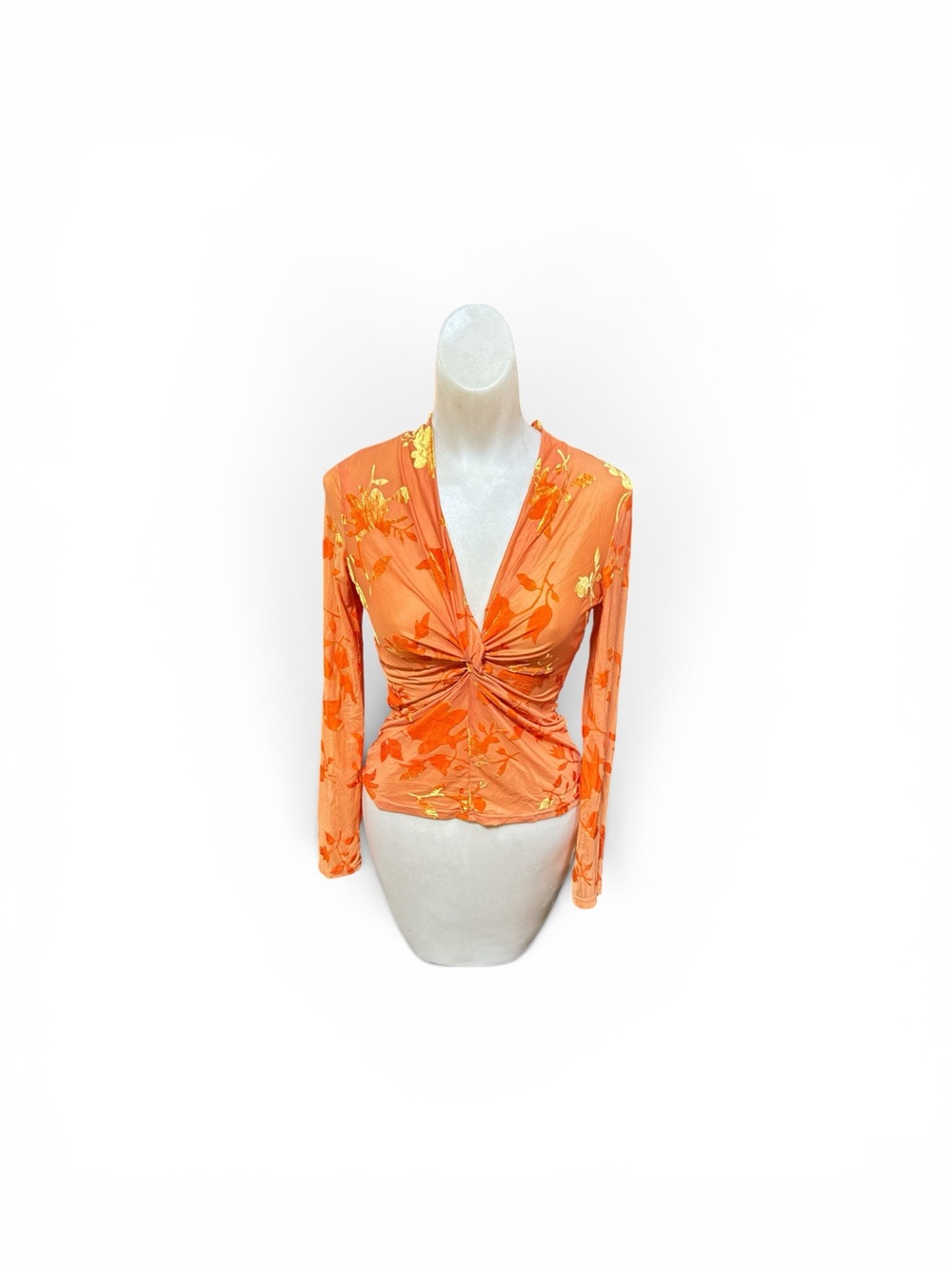 By Swan Paris Burnout Velvet Floral Twist Front Y2K Top Orange Gold Medium